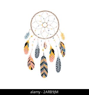 Dream catcher with feathers, jewels and colorful gemstones. Astrology, spirituality symbol. Ethnic tribal element. Stock Vector