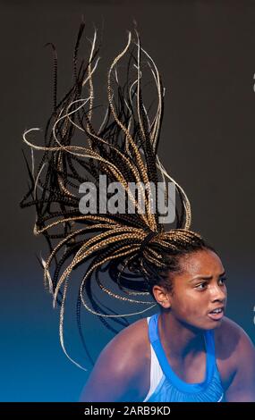 Melbourne, Australia. 27th Jan, 2020. Robin Montgomery of the United States competes during the Junior Girls' Singles match at the Australian Open tennis tournament in Melbourne, Australia on Jan. 27, 2020. Credit: Bai Xuefei/Xinhua/Alamy Live News Stock Photo