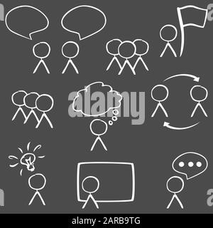 set 9 icons stick man white outline speach ballon flag light bulb presentation think  by jziprian Stock Vector