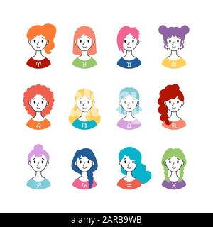 Set of horoscope signs as women. Collection of zodiac signs isolated on white background. Vector illustration of astrological signs. Twelve colorful i Stock Vector
