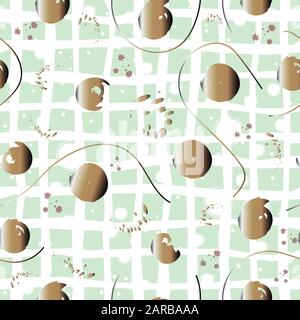 Seamless Pattern with golden dots, paint splashes, curves, circles, ink brush, etc. Hand Drawn Design. Stock Vector