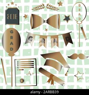 Graduation Package. Two Thousand Eighteen. Dark Background with rich golden graduation elements. Bow, tie, cap, mustache, etc. For Posters, banners, T Stock Vector
