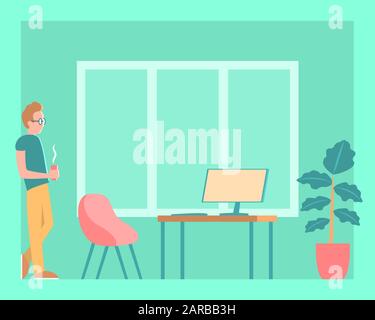 A young modern man stands with coffee in front of a desktop with a computer. Vector flat illustration. Stock Vector