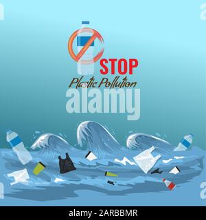 Stop ocean plastic pollution concept. Plastic garbage bottles in the ocean sea waves. Vector illustration. Stock Vector