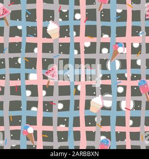 Cute Ice cream pattern with vanilla ice cream, chocolate ice cream, ice cream in a cone, sprinkles and scoops. Vector Illustration Stock Vector