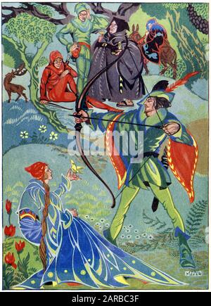 Maid Marian joins Robin Hood and his Merry Men. This scene shows Robin, Marian, Friar Tuck, Will Scarlett and Little John. Is the mysterious figure in the background the Sheriff?     Date: Early 20th century Stock Photo