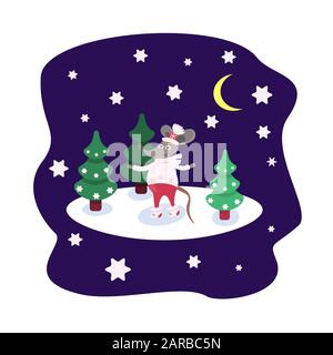 Cartoon character Rat in winter clothes stands on the snow among the Christmas trees. Card with a starry night and a forest. Cute mouse for printing o Stock Vector