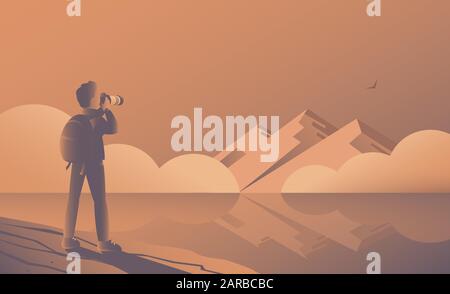 A male tourist with a backpack stands on a mountain and photographs wildlife on a camera. In the distance is a beautiful seascape. Vector illustration Stock Vector