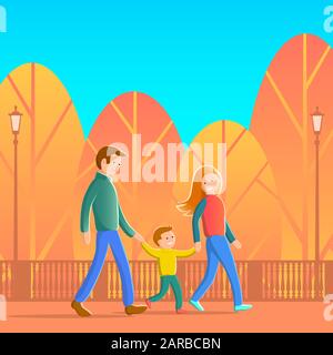 Happy father, mother and little son are walking in the autumn park. Sunny day, yellow trees, blue sky. Cartoon vector illustration of a family. Stock Vector