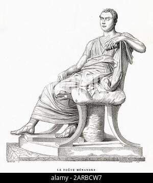 The statue of ancient Greek playwright Menander sitting by the Theatre ...