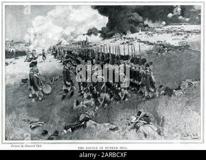 America - British Redcoat army marching on Bunker Hill Stock Photo