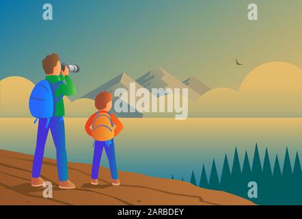 Family and son with backpacks stand on the edge of a cliff and admire the beauty of nature. Dad is taking pictures with a camera. Vector illustration. Stock Vector