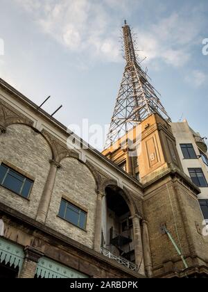 Alexandra Palace BBC TV Mast. Low angle view of the original historic analogue TV transmitter tower near Muswell Hill, North London. Stock Photo