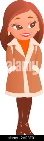 Nice girl with dark hair in winter clothes. She is wearing a light elegant sheepskin coat and high leather boots. Vector isolated cartoon illustration Stock Vector