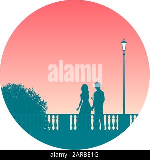 Silhouettes of a couple in love, street lamp, bush and fencing. A man gives a girl a flower and opens her heart. Vector romantic illustration. Stock Vector