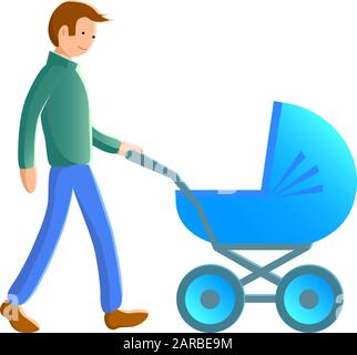 Happy father walks with a blue baby classic stroller. Dressed in a warm sweater and jeans. Side view. Cartoon vector isolated illustration on a family Stock Vector