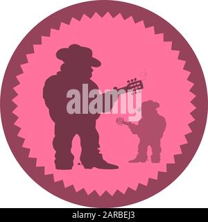 Dark silhouette of two guitarists in a cowboy hat. Purple background. Round vector illustration icon. Stock Vector