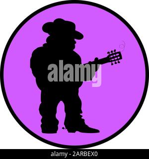 Musical round icon. Black silhouette of a cowboy guitarist on a green background. Vector illustration. Stock Vector