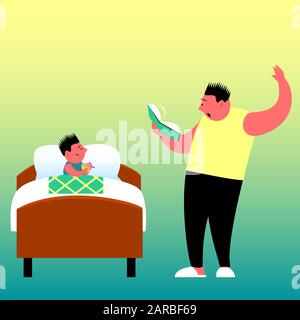Father before going to bed with enthusiasm reads a book to his son. The child sits in bed with an apple and listens with interest. Asian family. Carto Stock Vector