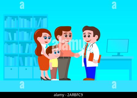 The family meets a doctor in his office. Father shakes hands with a man pediatrician in a white coat. Mother and son are standing nearby. Everyone is Stock Vector