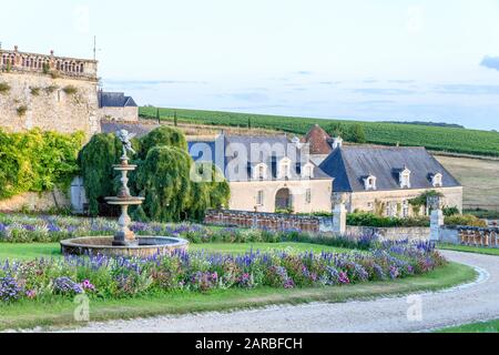 France, Indre et Loire, Chancay, Chateau de Valmer gardens, Terrace of the Florentine fountains, borders of annuals flowers and castle commons // Fran