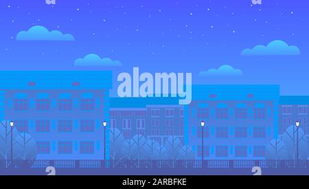 Night sleeping city for the background in the form of a banner. Residential buildings, trees, street lamps, clouds and starry sky. The light in the wi Stock Vector