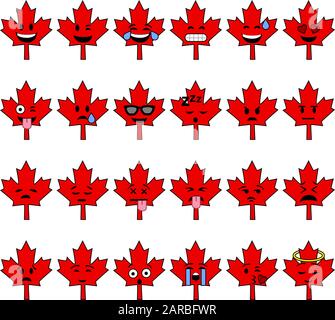 Collection of cartoon Canadian maple leafs with faces showing different emotions Stock Vector