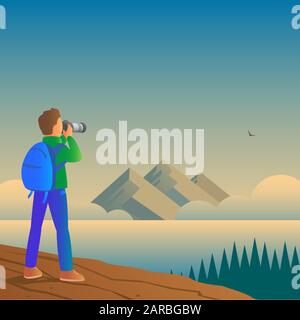 A male tourist with a backpack stands on a mountain and photographs wildlife on a camera. In the distance is a beautiful seascape. Vector illustration Stock Vector