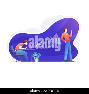 Digital marketing specialist is working on marketing strategy. digital technologies concept. Purple background. Social Network, SEO Concept. Stock Vector