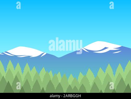 The landscape of nature. Forest of coniferous trees, mountains with snow and blue sky. Cartoon vector illustration for background. Stock Vector