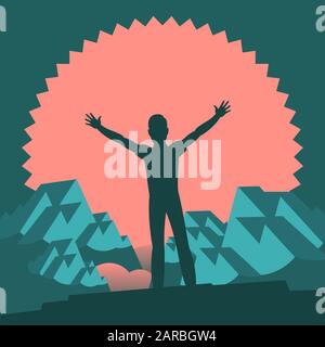 Tourist silhouette. A man stand on top and triumphantly raise their hands up. In the background are snowy mountains and red sun. Vector flat illustrat Stock Vector