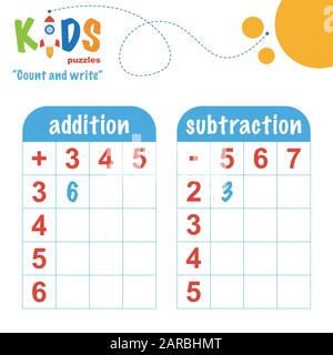 Easy colorful math count and write worksheet practice for preschool and elementary school kids. Stock Vector