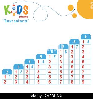 Easy colorful math count and write worksheet practice for preschool and elementary school kids. Stock Vector