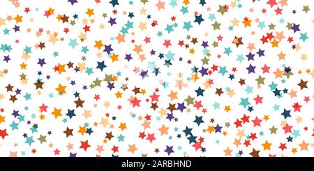 Seamless vector geometric stock pattern of colored stars of different sizes for textiles, packaging, paper printing, simple backgrounds and textures. Stock Vector