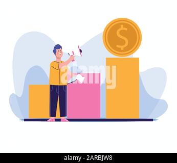man using a megaphone and money coin on chart bar graph Stock Vector