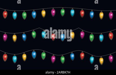 Christmas lights isolated on black background. Set of xmas glowing garland with colored bulbs and transparent light. Vector illustration Stock Vector