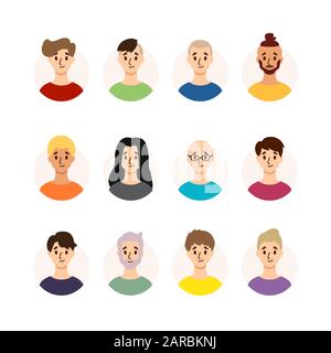 Set of men with different hairstyles, hair color and ages. Collection of males avatars. Vector illustration isolated on white background. Flat style. Stock Vector