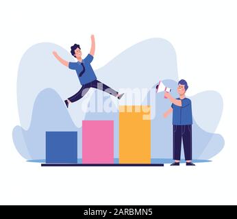 man using a megaphone and man running on chart bar graph Stock Vector