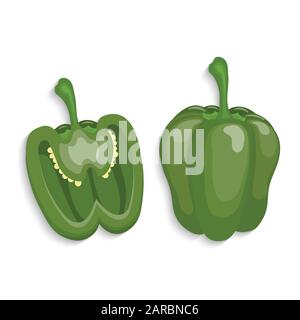 Realistic green bell peppers whole and cut, vector illustration Stock Vector