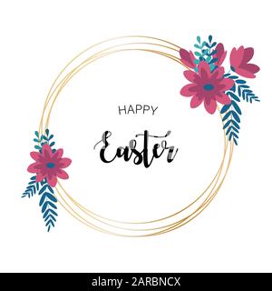 Happy Easter floral golden frame greeting poster card banner Stock Vector