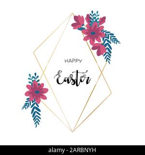 Happy Easter floral golden frame greeting poster card banner Stock Vector