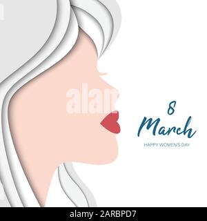 Young woman face with silver-white hair and red lips. vector illustration for 8 of March International Women's day, greeting poster card Stock Vector