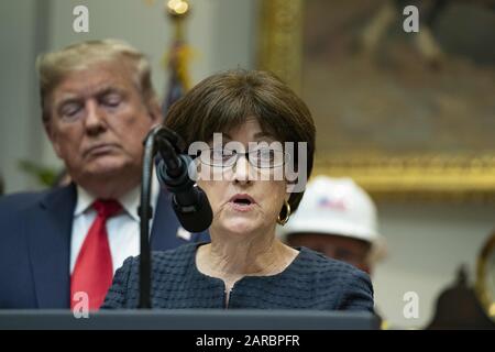 January 9, 2020, Washington, District of Columbia, United States of America: Mary Neumayr, Chair of the Council on Environmental Quality speaks at an event for U.S. President Donald Trump to announce his administrations' proposed new environmental policies on Thursday, January 9th, 2020 at the White House in Washington, D.C. Trump spoke about proposed scale backs of the National Environmental Policy Act (NEPA). The action will establish time limits of 2 years for completion of environmental impact statements and one year for completion of environmental assessments. (Credit Image: © Alex Edelma Stock Photo