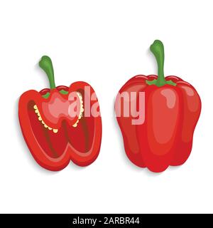 Realistic red bell peppers whole and cut, vector illustration Stock Vector