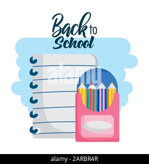 back to school education paper and colored pencils in box vector illustration Stock Vector