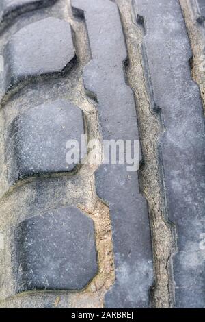 Close-up shot of tyre tread pattern on farm equipment / trailer. Stock Photo