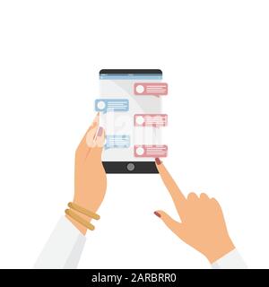 Smartphone with chat app in woman hands. Business woman holds smartphone. vector illustration Stock Vector
