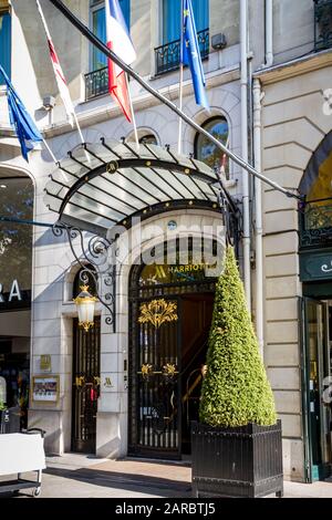Paris/France - September 10, 2019 : the Marriott luxury hotel entrance on Champs-Elysees avenue Stock Photo