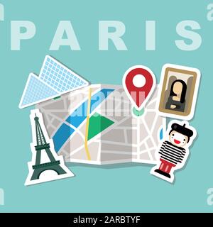 Illustration of a map with Paris famous attributes, Eiffel tower, Mona Lisa paint, the Louvre, meme face Stock Vector