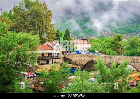 Fog in Virpazar, small town of Montenegro, at rainy weather Stock Photo